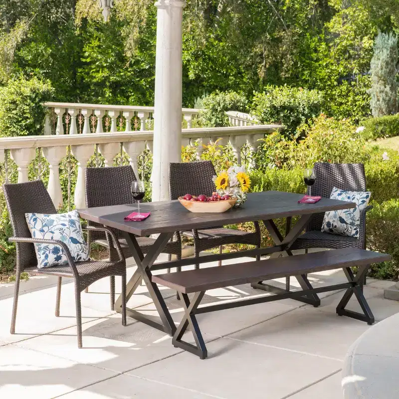 Christopher Knight Home Perault Outdoor Wicker and Aluminum 6 Piece Dining Set with Bench, Multibrown/Brown
