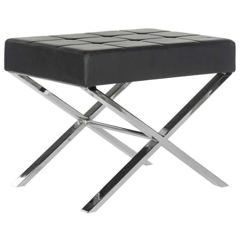 Modern Tufted Leather Ottoman with X-Frame Chrome Base