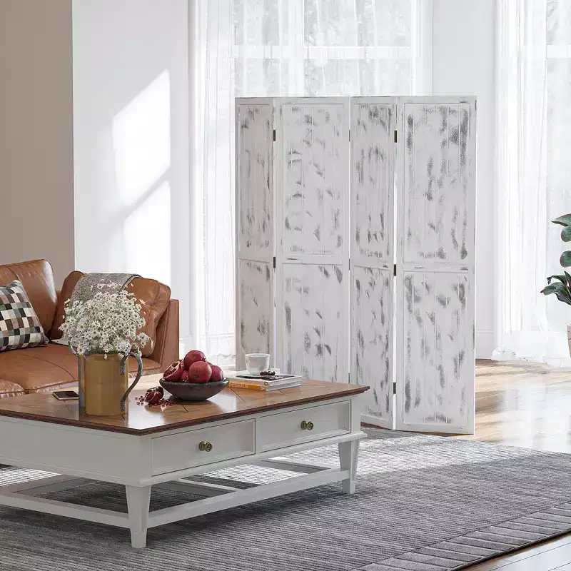 4 Panel Room Divider Folding Privacy Screen Wood Grain Design White 63.25x67x0.75