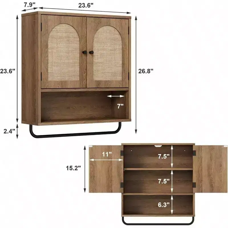 Rattan Bathroom Wall Cabinet, Boho Style with 2 Arched Doors, Farmhouse Over Toilet Storage with Adjustable Shelves and Towel Bar