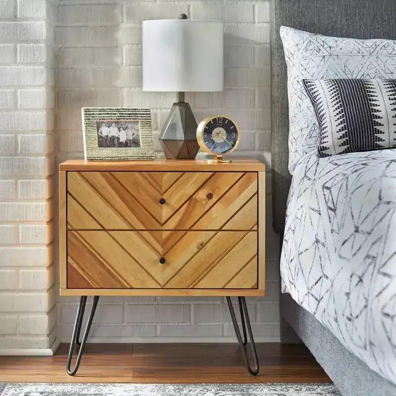 Lifestorey 2 Drawer Alexandria Mid Century Modern Nightstand Oak: Mid-Century Modern Bedside Table, Wood Veneer Finish