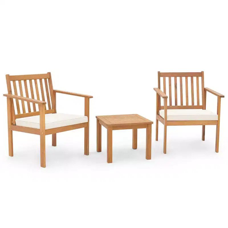 Costway 3 PCS Patio Wood Furniture Set Acacia Wood Chairs & Coffee Table with soft Cushions Grey/White