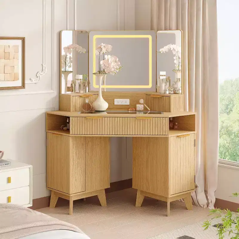 48 Corner Vanity Desk, Fluted Makeup Vanity Desk with Glass Top, for Bedroom