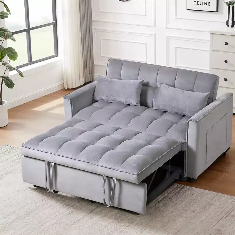 Cement Gray 3 in 1 Velvet Convertible Sleeper Sofa Bed with Pillows and Pockets, Modern Pull Out Couch Bed, Adjustable Backrest