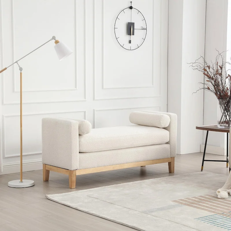 Elegant 53.5 Upholstered Ottoman Bench with Wood Legs & Bolster Pillows