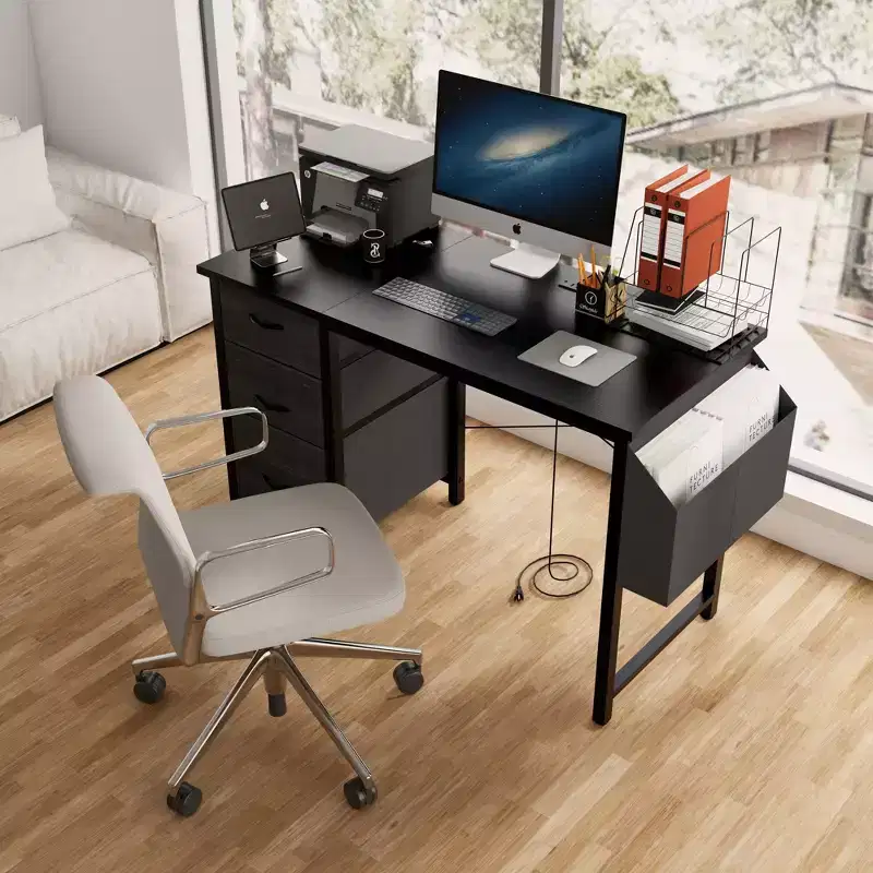 Modern Home Office Computer Desk with Darwers & Shelves,Teens Student Writing Desk with Side Bag for Study,Office,Studio