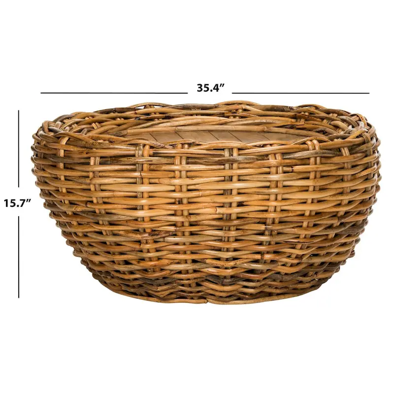 SAFAVIEH Alfia Wood Top Wicker Drum Coffee Table - 35.4 x 35.4 x 15.7 - 35Wx35Dx16H