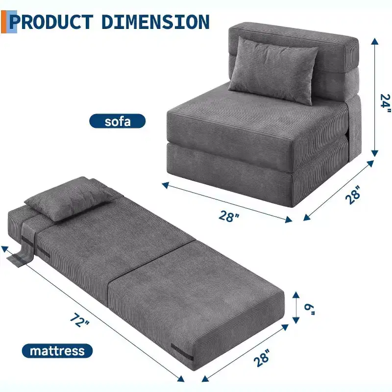 Folding Sofa Bed Sleeper Chair, Convertible Futon Couch with Pillow, Single Size Foldable Mattress for Living Room, Dorm, Apartment & Home Office