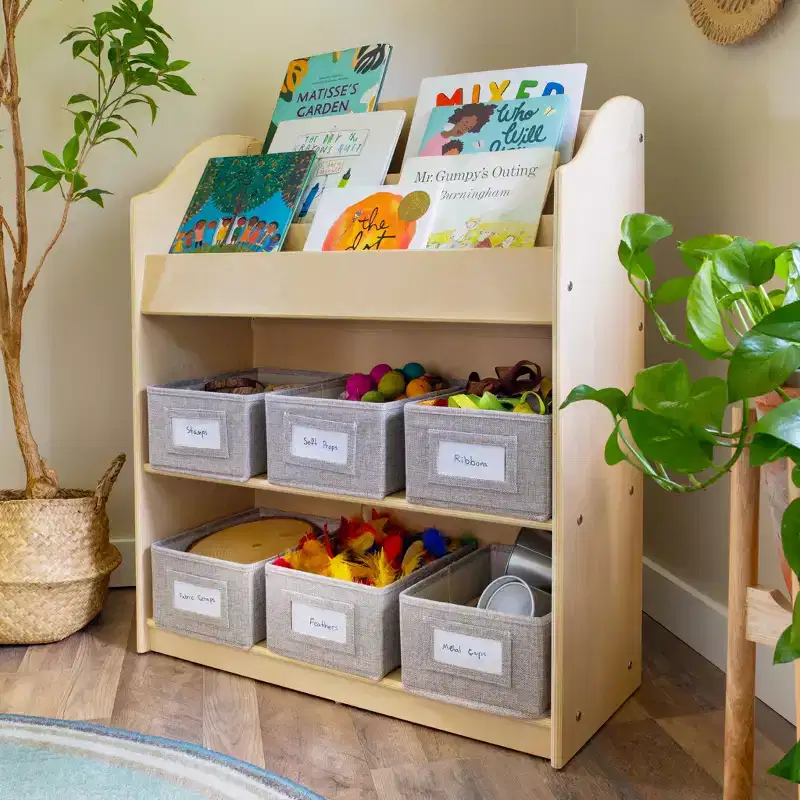 Guidecraft EdQ Book and Bin Browser: Wooden Bookcase with Tiered Shelves and Cubbies, Toddler Playroom Furniture and Cube Organizer