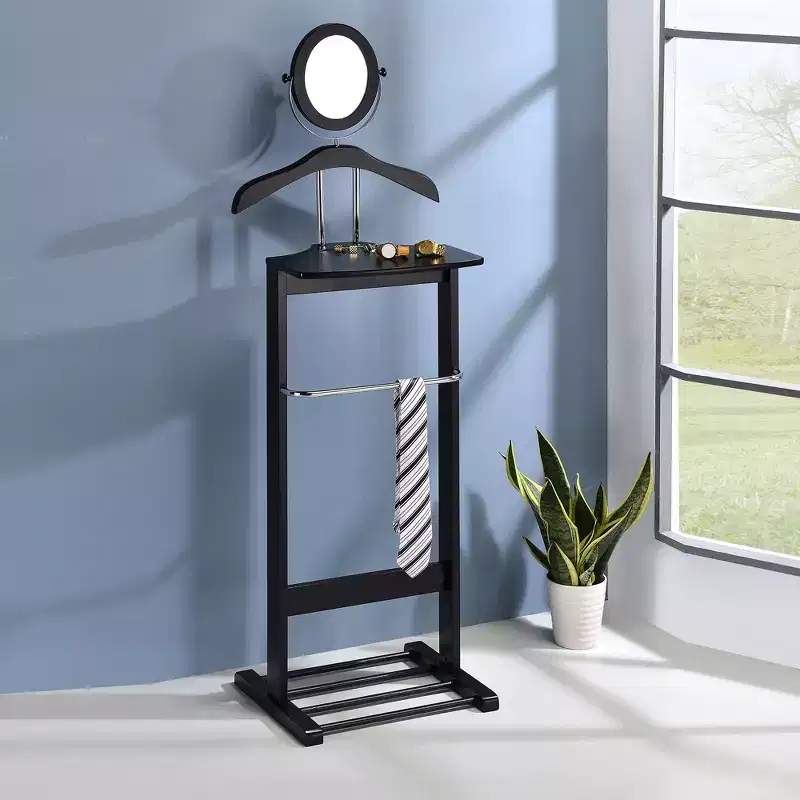 Furniture - Wardrobe Wood Suit Valet Stand, Clothes Trouser Bar Rack, Tie, Belt Hanger and Shoe Rack, Black/Chrome