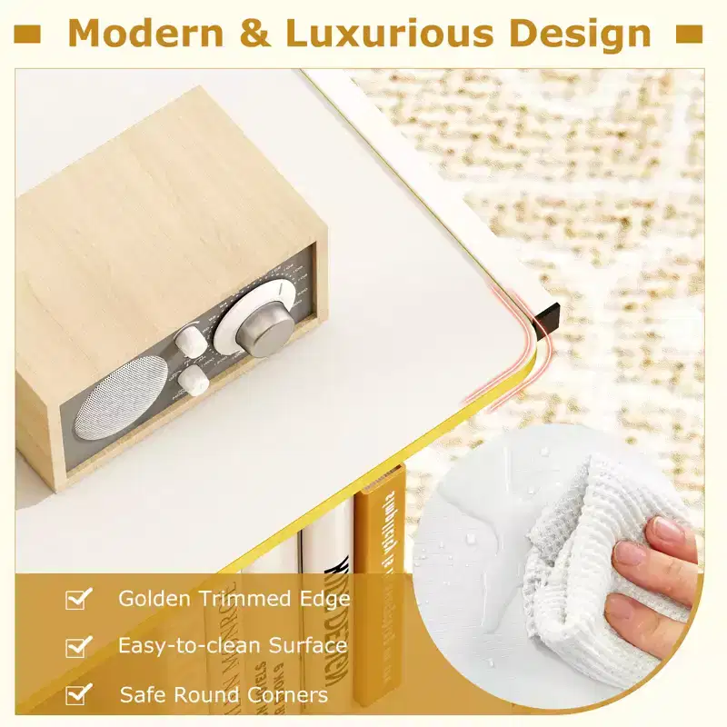 Costway 2PCS Mobile Side Table w/Open Shelves Golden Trimmed Edges Lockable Wheels