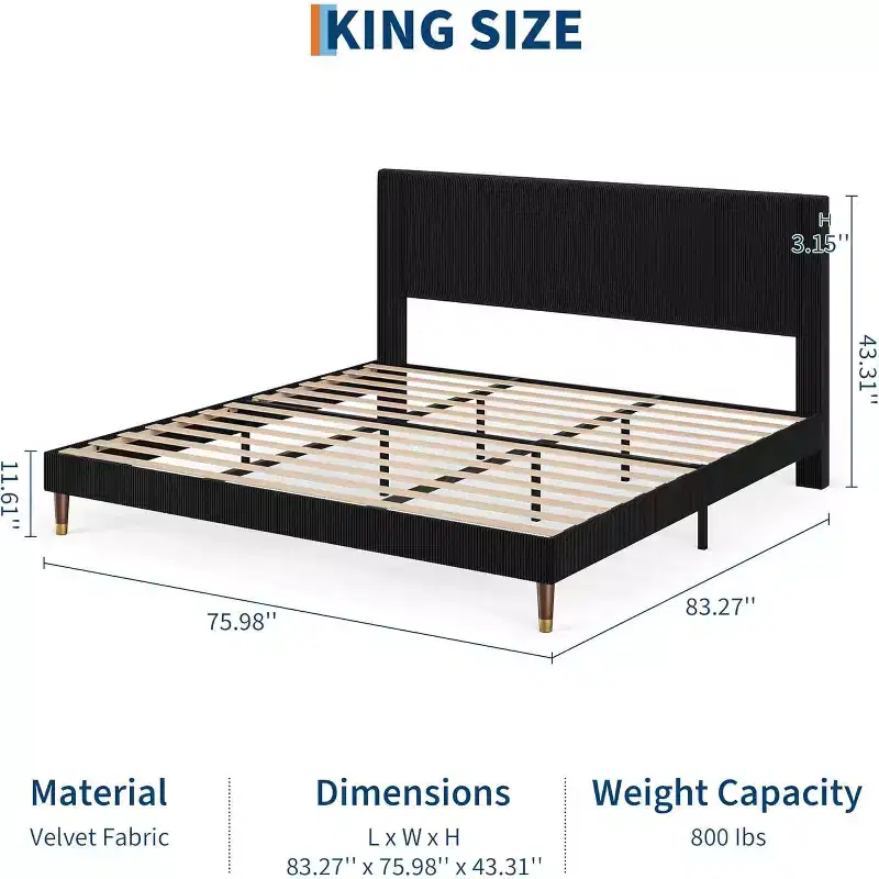 King Size Platform Bed Frame, Modern Twin Bed Frame with Upholstered Headboard and Strong Metal Slats Support, Easy Assembly