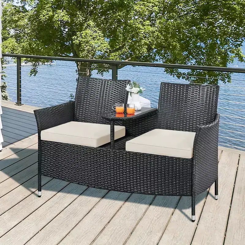 Yaheetech Outdoor Wicker Double Chair with Removable Cushions & 1 Tempered Glass Side Table, Black