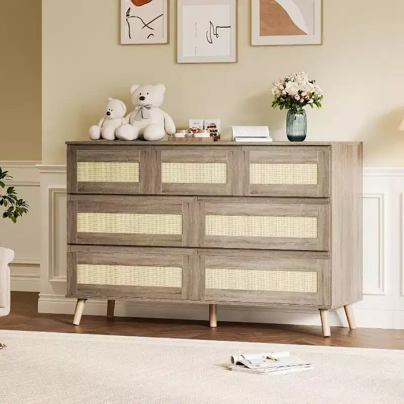 7-Drawer Rattan Dresser, Modern Wood Storage Cabinet with Woven Fronts, Wide Chest of Drawers for Bedroom, Living Room, Nursery