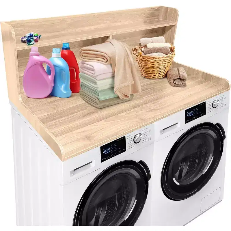 2-Tier Washer Dryer Countertop, 54 x 27.55 Wooden Washer Dryer Topper with Edge for Laundry Room Organization and Storage