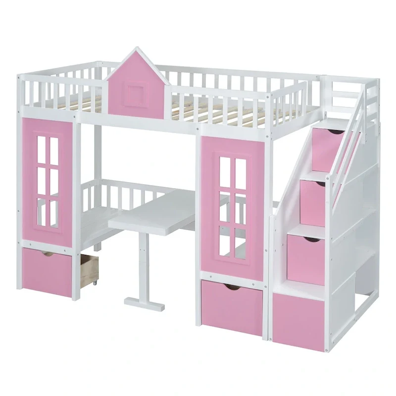 Twin Over Twin Bunk Bed with Convertible Desk - Gray