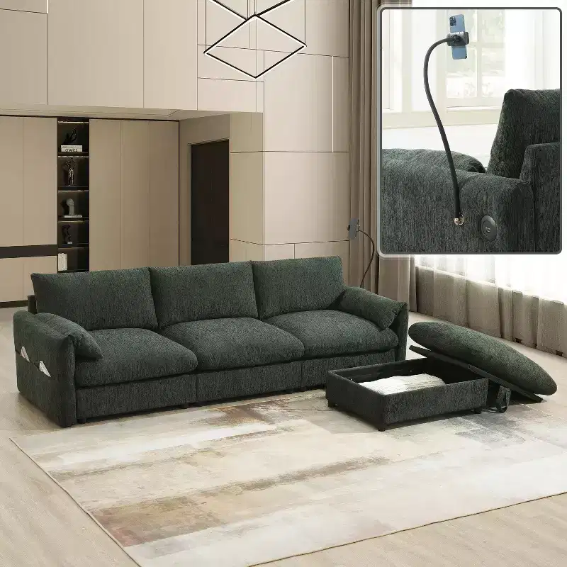 96.5'' L-Shaped Sectional Sofa with Storage Ottoman, USB Charger, and Phone Holder Chenille Upholstery 4-Seat Couch for Living Room
