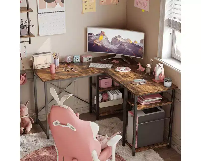 Bestier 47'' L Shaped Computer Desk, Reversible Corner Office Desk with Adjustable Shelves, Writing Study Table for 2 Person Home Office Small Space
