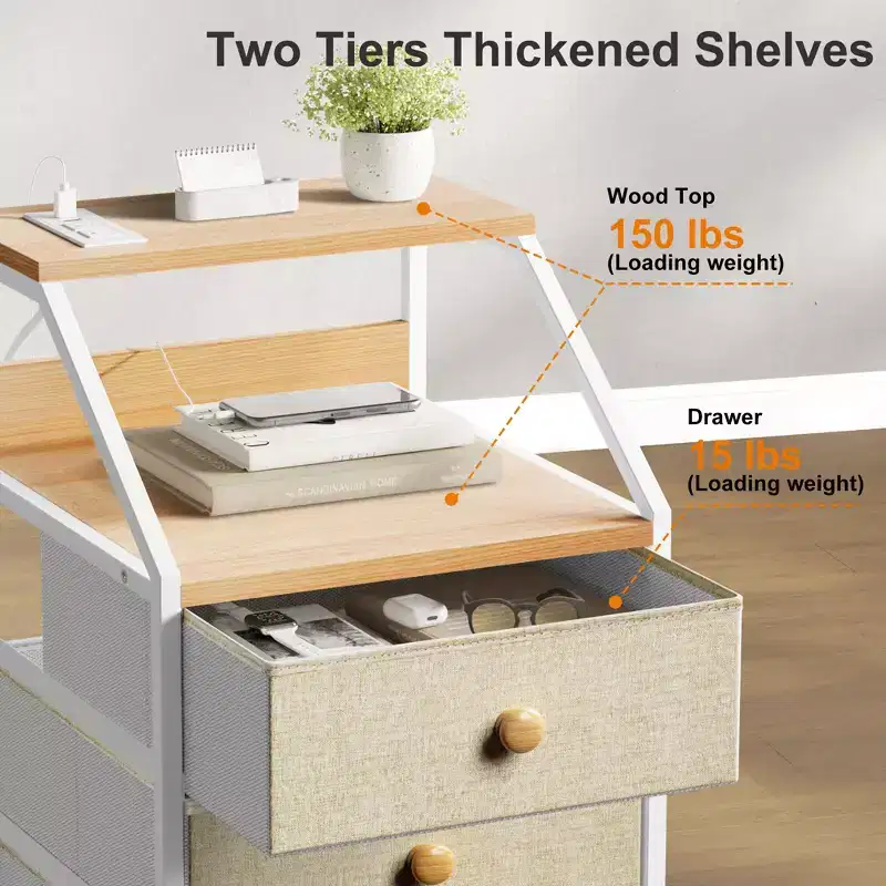 2-Shelf 3-Drawer Modern Nightstand End Table with Charging Station, Taupe