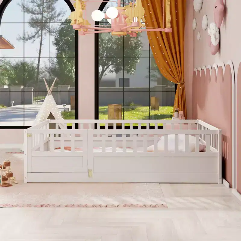 Okak Full Floor Bed Frame with Extra-Tall Safety Rails, Wood Bed Frame with Convenient Entry Door for Bedroom, White