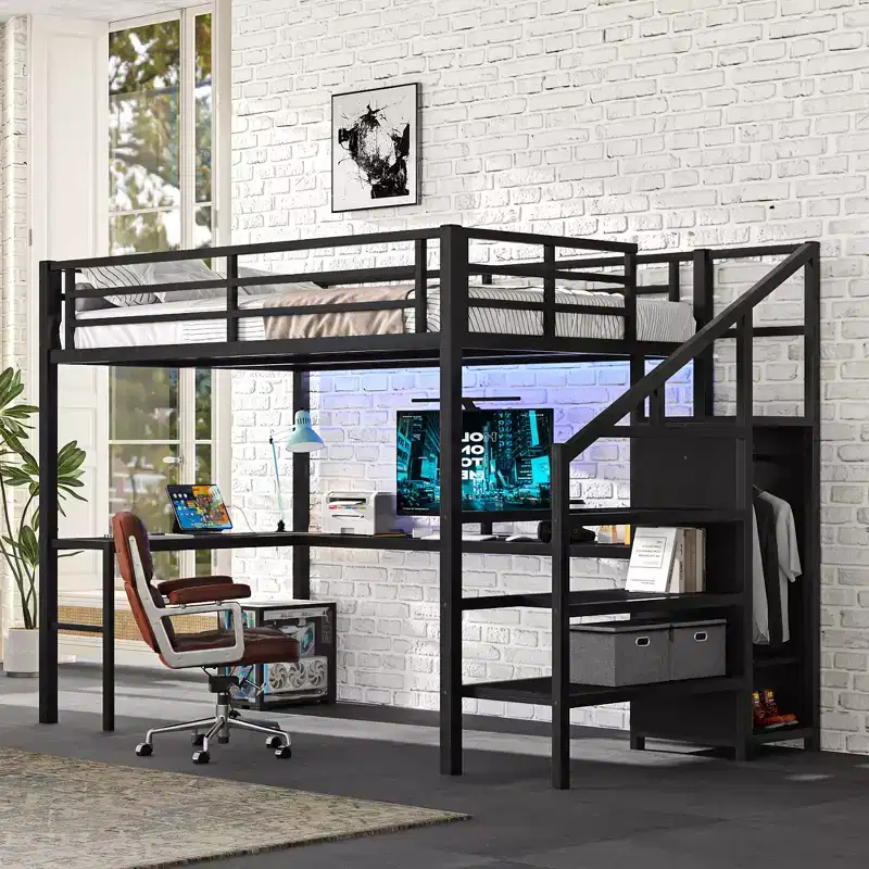 Full/Queen Metal Loft Bed with L-Shaped Desk & USB, Loft Bed Frame with Wardrobe, Adjustable Shelf & LED Lights, Black/Off-White - ModernLuxe