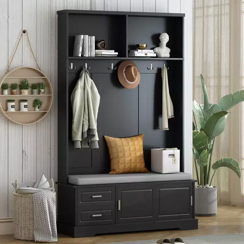 Whisen Elegant Style 3-in-1 Hall Tree with Sliding Doors, 6 Hooks and Shoe Storage