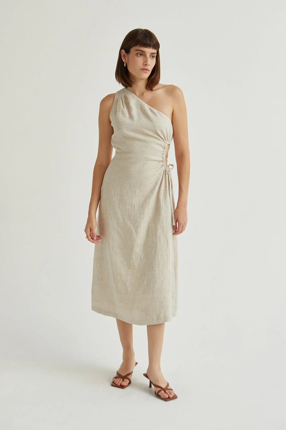 One Shoulder Midi Dress with Side Cutout in Linen