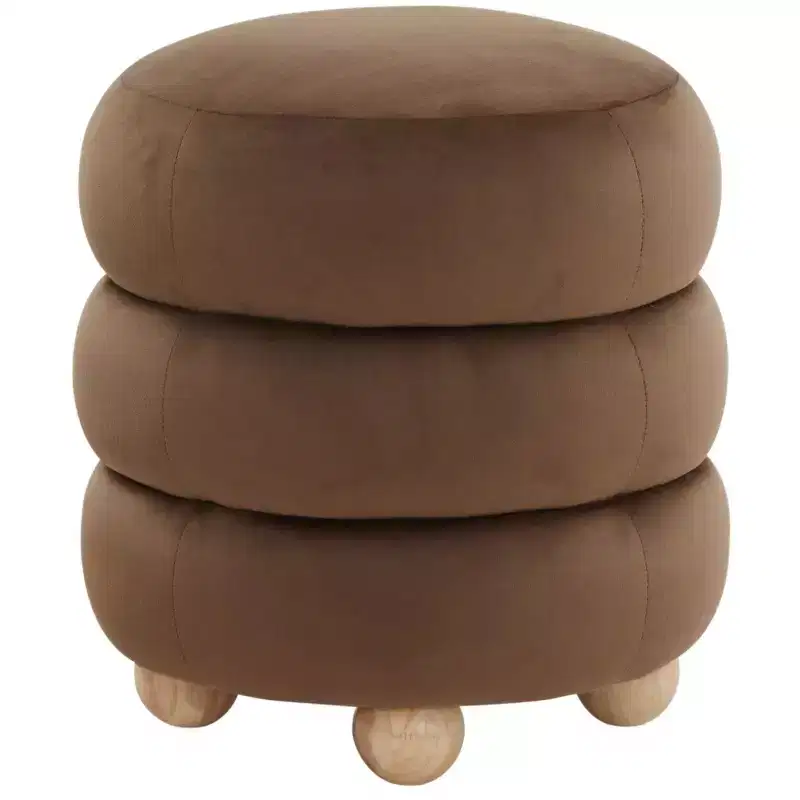 Round Channel-Tufted Velvet Ottoman, Light Brown & Walnut