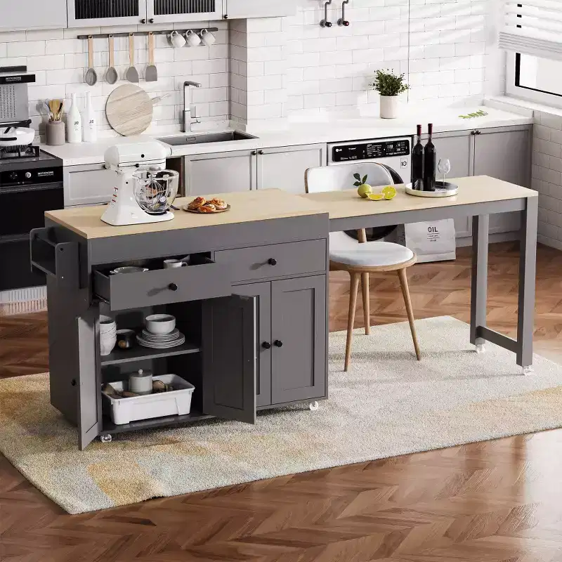 Kitchen with Dining Table, Kitchen Table with Outlet,2 Drawers 2 Side Shelves
