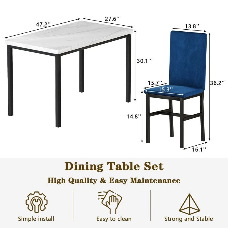 Grondin Modern Style Faux Marble Top 5-Piece Casual Dining Set with 4 Velvet Upholstered Dining Chairs