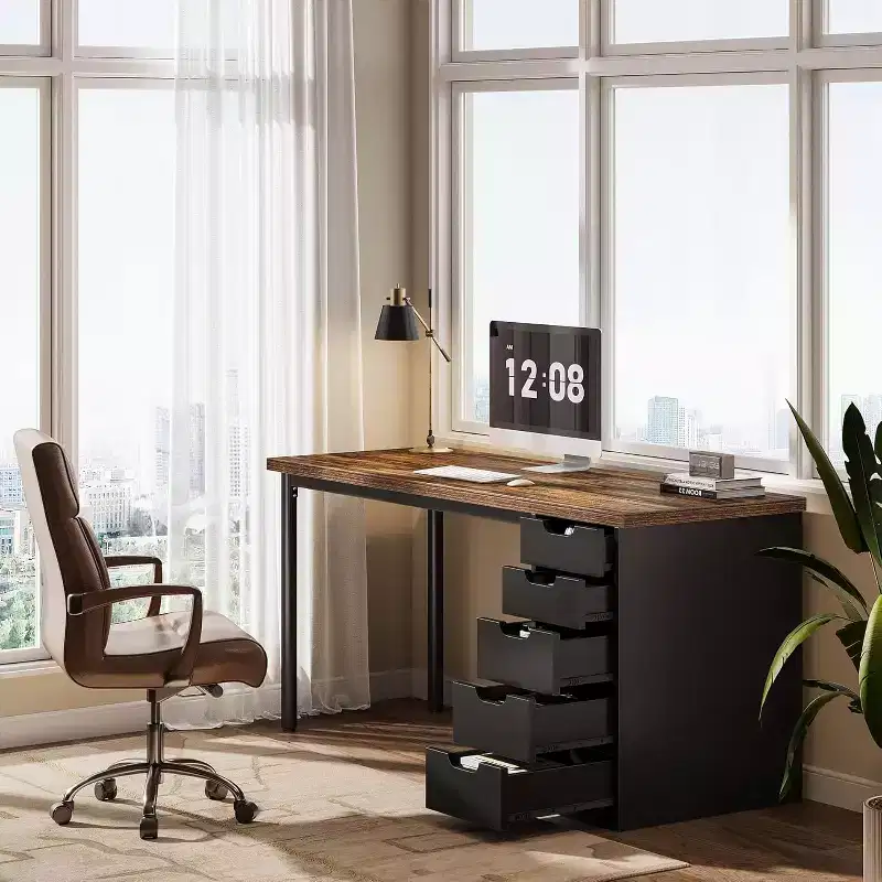 Lantine 47-Inch Modern Computer Desk, PC Desk with 5 Reversible Drawers, Study Writing Table for Home Office Small Spaces, Brown & Black