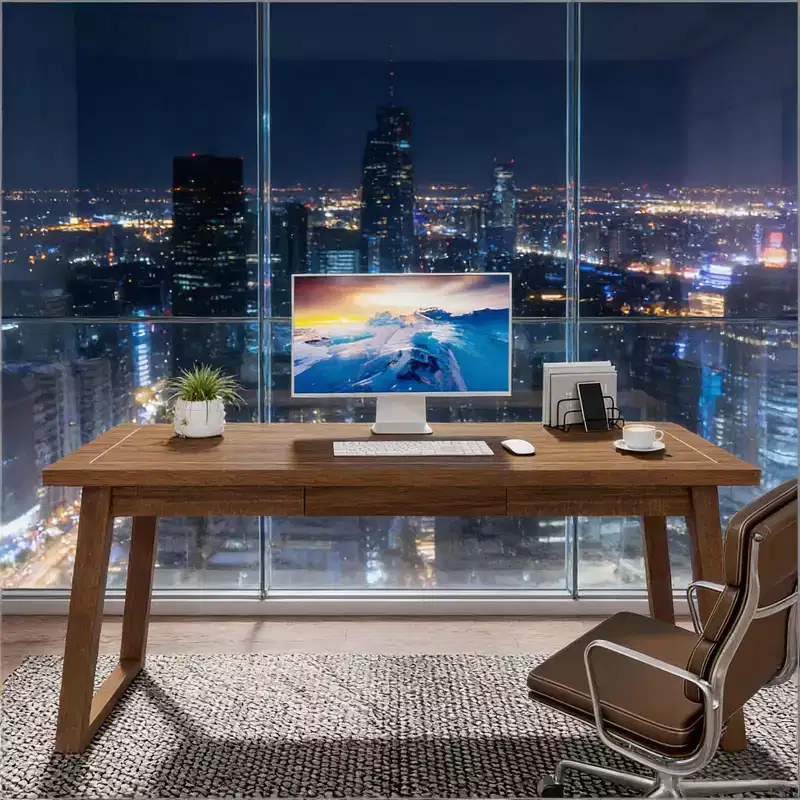 Wood Computer Desk, Mid-Century Modern Study Writing Table with Drawer
