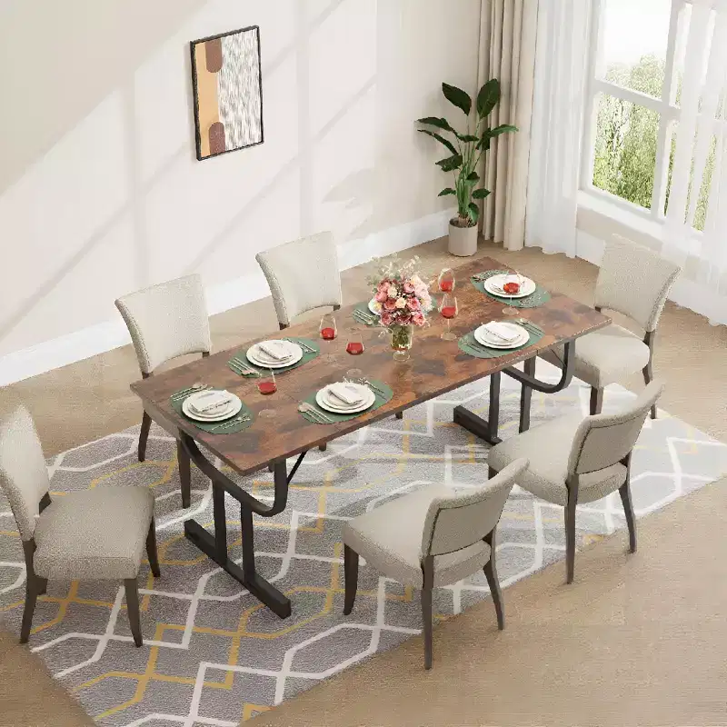 70.9 Inch Dining Table, Heavy Metal Support Legs, Wine Glass Leg Type Kitchen Table, Wear-Resistant Thickened Wooden Table Top for Dining Room