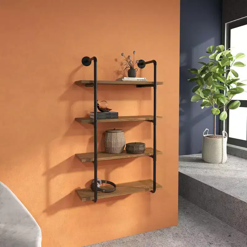 HOMCOM 4-Tier Industrial Pipe Shelves Floating Wall Mounted Bookshelf, Metal Frame Display Rack, 1 Thickness Shelving Unit Kitchen, Bar, Brown