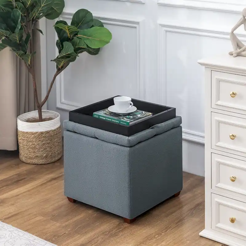 Adeco Fabric Square Ottoman with Tray