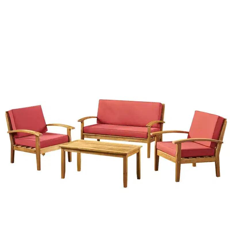 Peyton 4pc Acacia Chat Set - Teak/Red - Christopher Knight Home