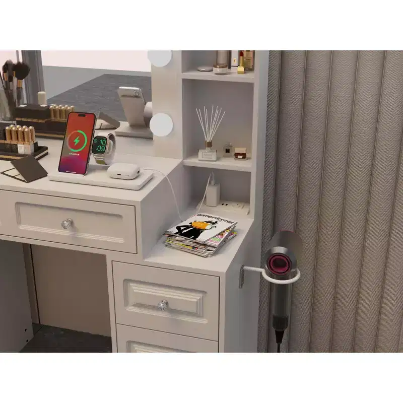 Okak Elegent Vanity Desk with Large Mirror, Makeup Vanity with Charging Station, Dressing Table for Living Room, Bedroom, White