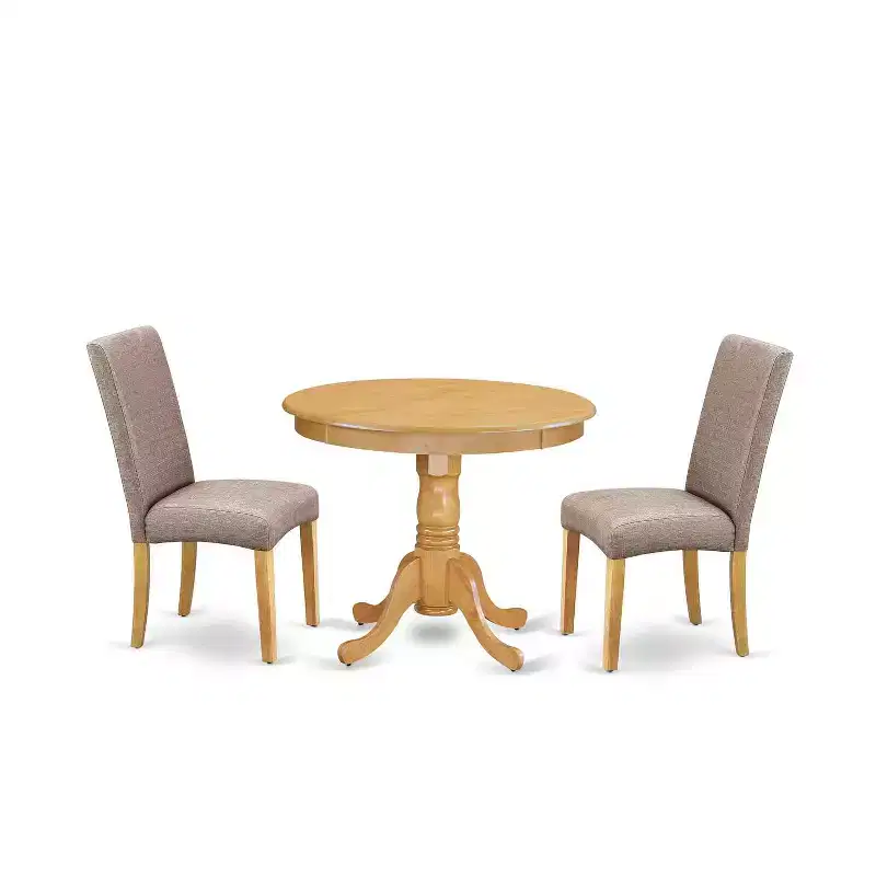 Medieval Round Dining Set - 3 Piece Table & Chair Set - Oak Finish - Dark Khaki Linen Fabric - Cozy Dining