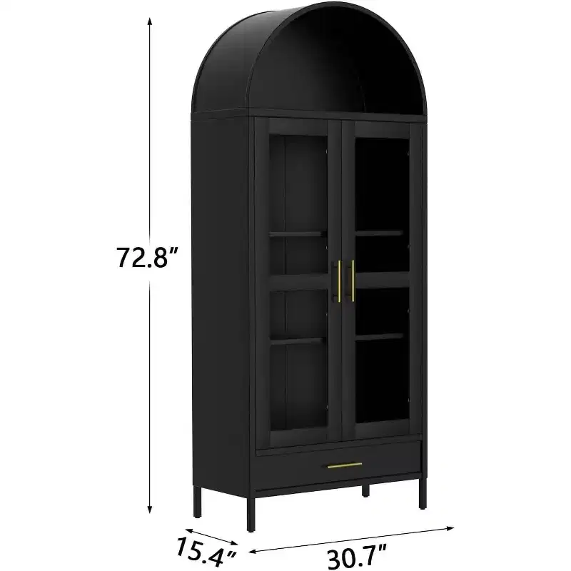73 Tall Arched Metal Storage Cabinet with Glass Doors & Drawer, Freestanding Modern Pantry Cabinet with Adjustable Shelves, Accent Bookshelf