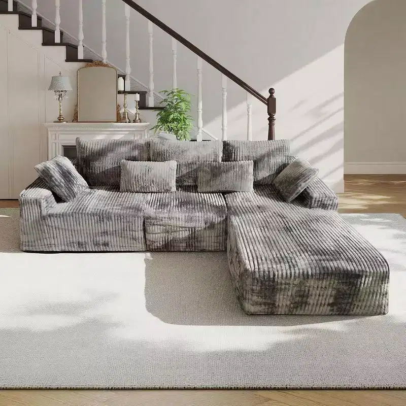 MooxvMoo 107.5 Modular Sectional Sofa, L Shaped Boneless Couches with Chaise & Throw Pillow for Living Room, Gray