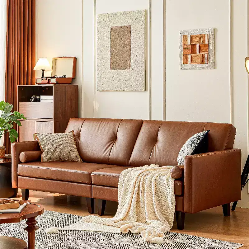 ATJafurn 86 Brown Tufted Leather Sofa with Deep Seat, Mid-Century Modern Upholstered Sectional Couch Retro Luxurious Loveseat for Living Room Bedroom