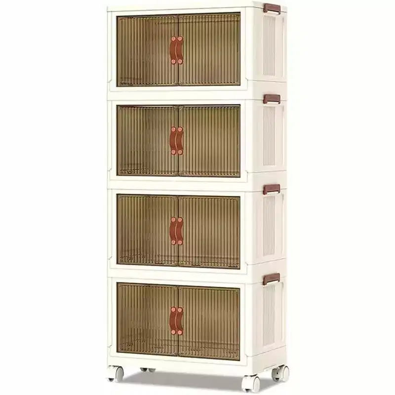 4-Tier Stackable Plastic Storage Bins with Wheels, 72QT Foldable Organizer Boxes with Translucent Doors & Magnetic Latches