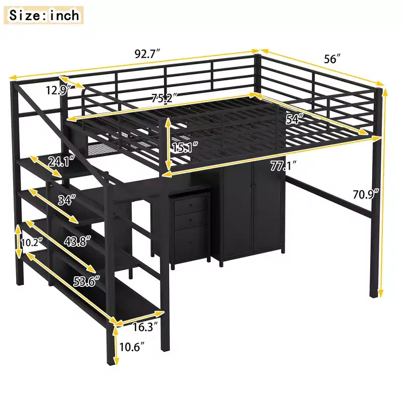Full Metal Loft Bed with Desk Wardrobe and Storage Ladder Black