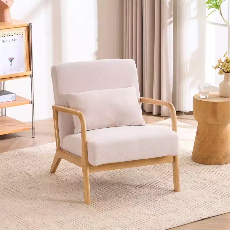 Modern Upholstered Accent Chair with Lumbar Pillow, Relaxing Armchair with Solid Wood Frame & Soft Cushion, Beige