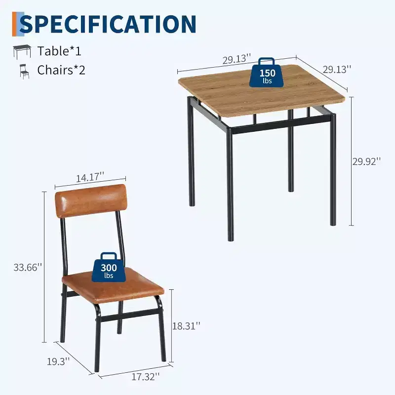 3-Piece Dining Set with 2 Padded Chairs,Tone Finish Table and Chair Set for Home and Apartment, Space Saving Design with Easy to Clean Surface, Brown