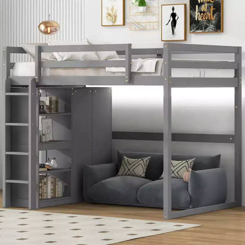 Full Size Wood Loft Bed with Built-in Wardrobe, Storage Shelves & LED Light, White/Gray - ModernLuxe