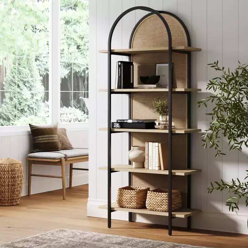 Nathan James 71" Amara Rattan 5 Shelves Etagere Bookshelf Light Oak/Matte Black: Metal Frame, 13+ Age, No Tools