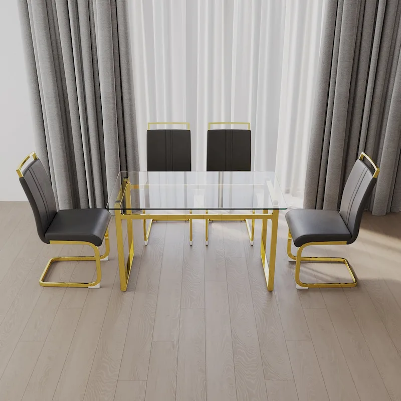 Modern Style 5-Piece Dining Set with Rectangular Tempered Glass Table and High Back Golden Plating Legs Dining Armless Chairs