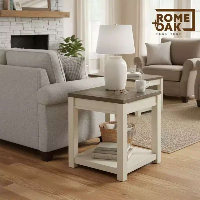 Farmhouse Wood End Table with Shelf, Brown & Cream, 24