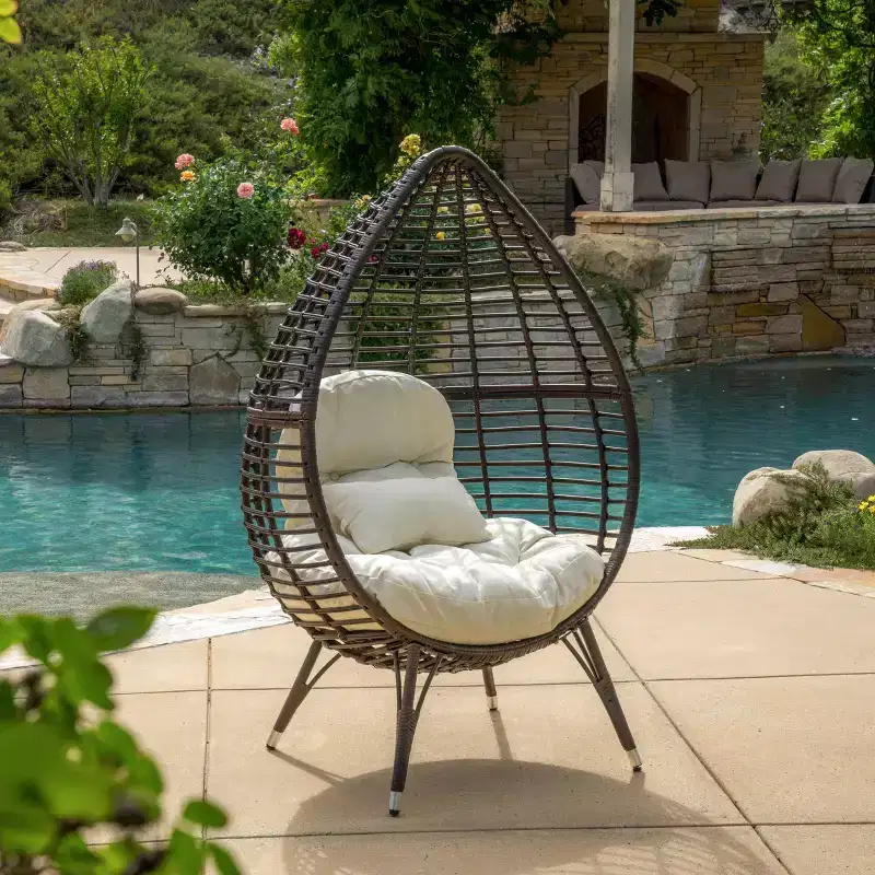 GDFStudio Jeffrey Teardrop Wicker and Iron Lounge Chair with Water-Resistant Cushion